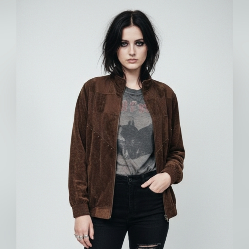Vintage Blast Jacket Brown Bomber Zip Studded Retro Casual M
